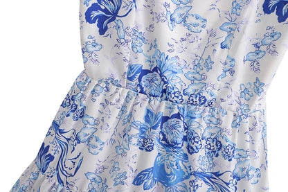 Blue Printed Tiered Dress | High Waist Tie Strap Shoulder Lace Up Dress for Women | noémi