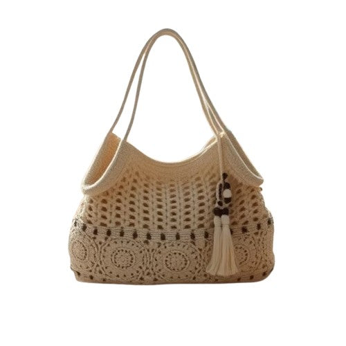 Boho Woven Cotton Beach Shoulder Bag – Wooden Bead + Tassel, Natural | noémi