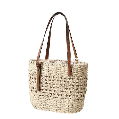 Boho Hollow-Out Straw Shoulder Tote Bag – Hand-Woven Natural Brown | noémi