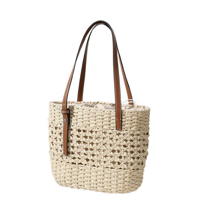 Boho Hollow-Out Straw Shoulder Tote Bag – Hand-Woven Natural Brown | noémi