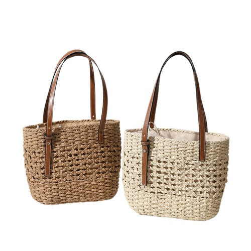 Boho Hollow-Out Straw Shoulder Tote Bag – Hand-Woven Natural Brown | noémi