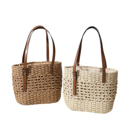 Boho Hollow-Out Straw Shoulder Tote Bag – Hand-Woven Natural Brown | noémi