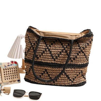 Black Rhombus Straw Shoulder Bag – Boho Woven Tote | noémi