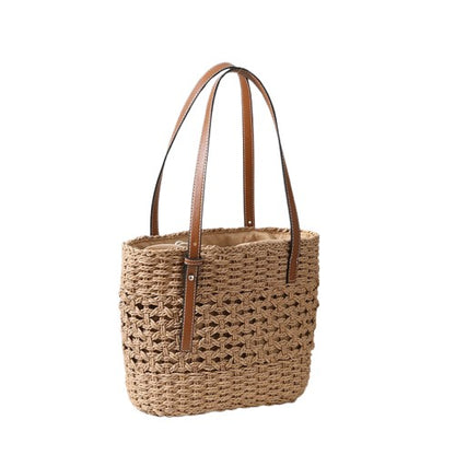 Boho Hollow-Out Straw Shoulder Tote Bag – Hand-Woven Natural Brown | noémi