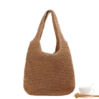 Beige Mori‑Style Straw Shoulder Tote – Large-Capacity Beach & Leisure Bag | noémi